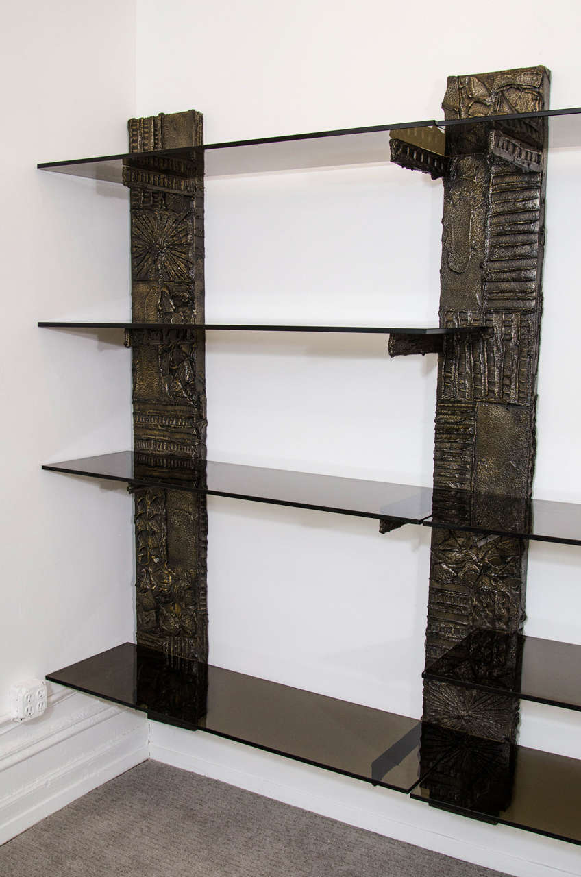 American A Brutalist Paul Evans Set of Signed Sculpted Bronze Wall-Mounted Shelves