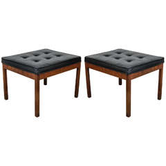 Mid Century Pair of Benches in Walnut and Black Vinyl