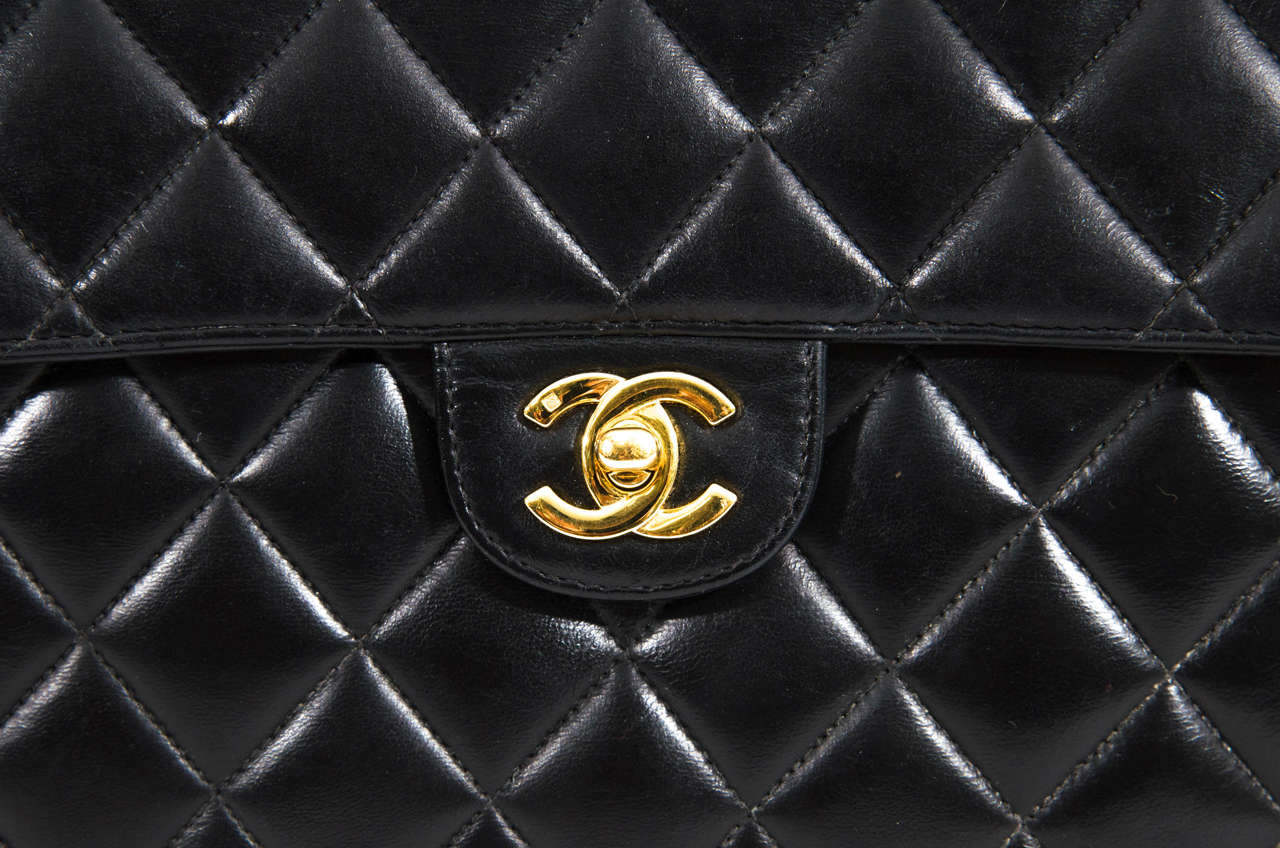French Authentic Chanel Black Classic Lambskin Maxi Handbag with Gold Tone Hardware