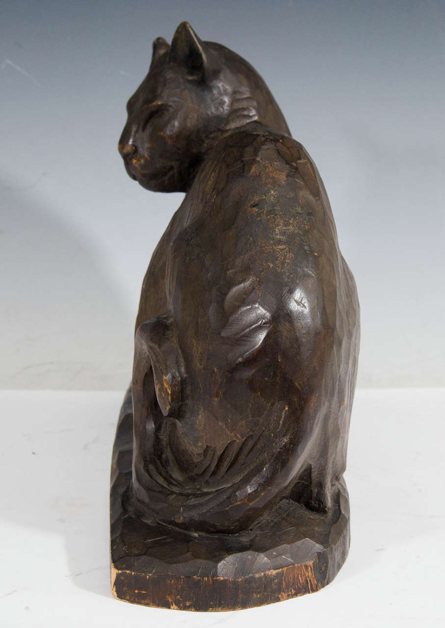 Antique American Hand-Carved Wooden Cat Sculpture Illegibly Signed 1