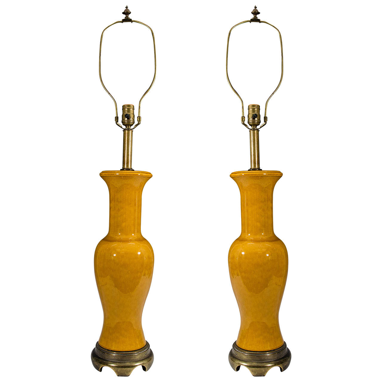 Mid Century Pair of Asian Inspired Table Lamps in Golden Rod