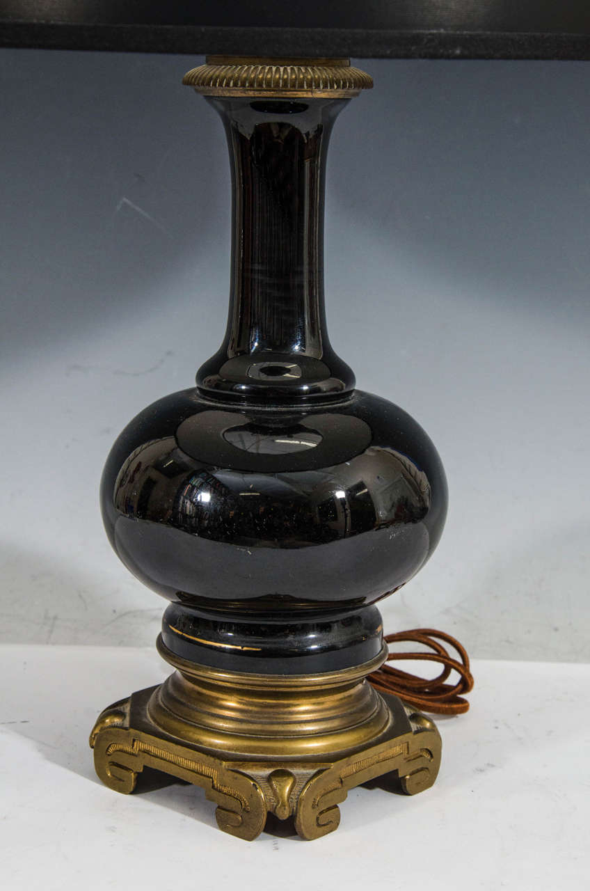 19th Century Antique Black Opaline Glass Table Lamps with Bronze Bases, France