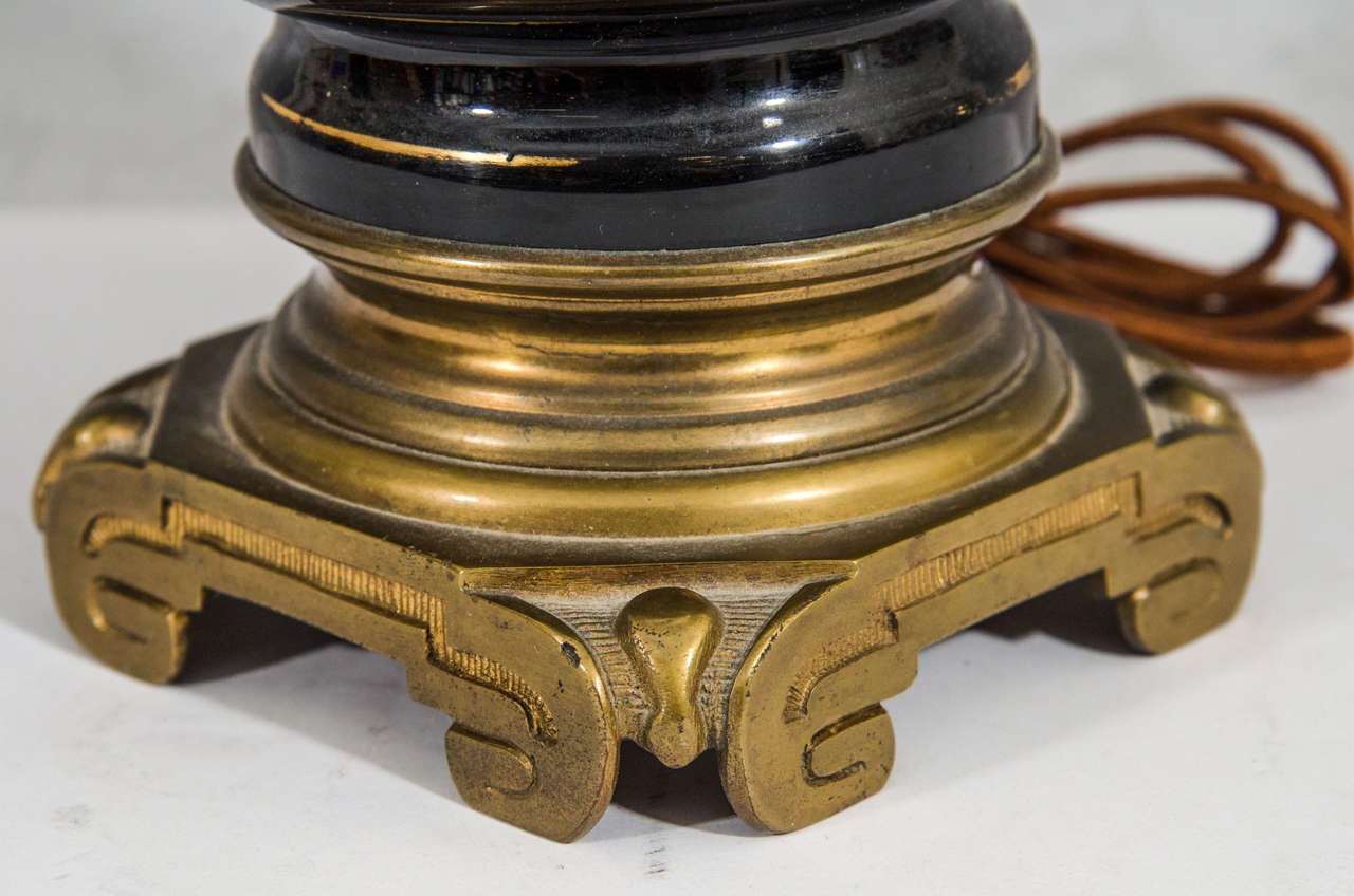 Antique Black Opaline Glass Table Lamps with Bronze Bases, France 1