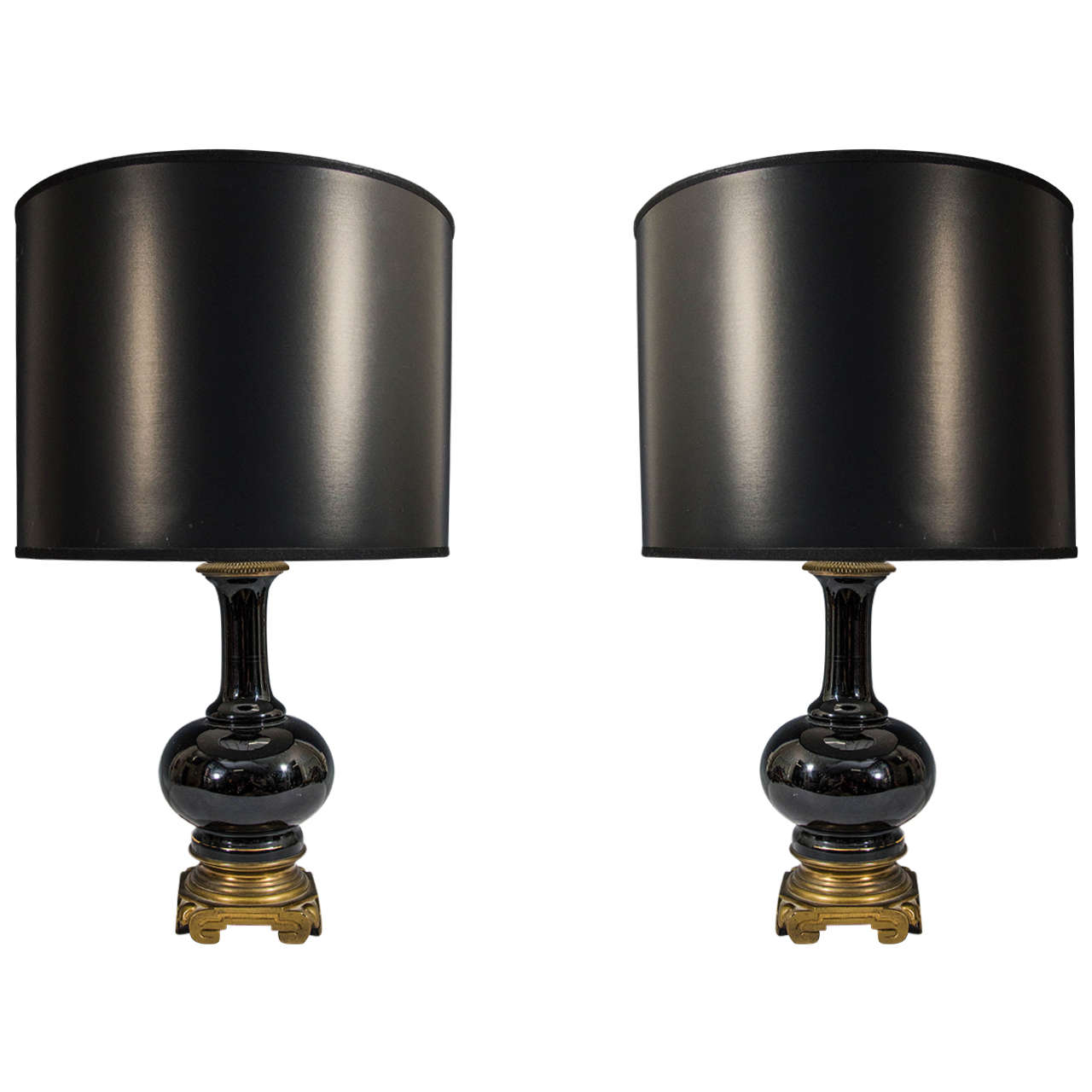 Antique Black Opaline Glass Table Lamps with Bronze Bases, France