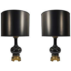 Antique Black Opaline Glass Table Lamps with Bronze Bases, France