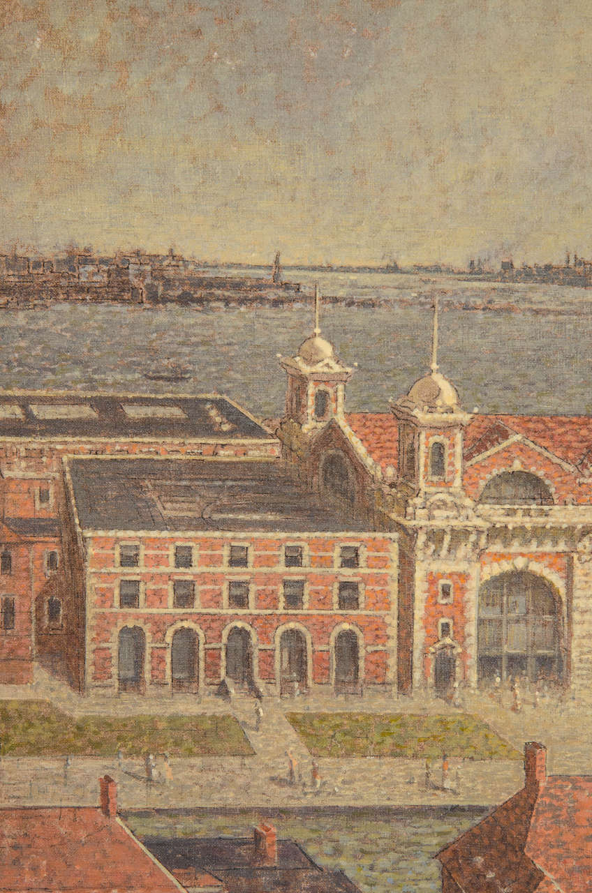 Vintage Painting of Ellis Island by Artist Harry K. Davis In Good Condition In New York, NY