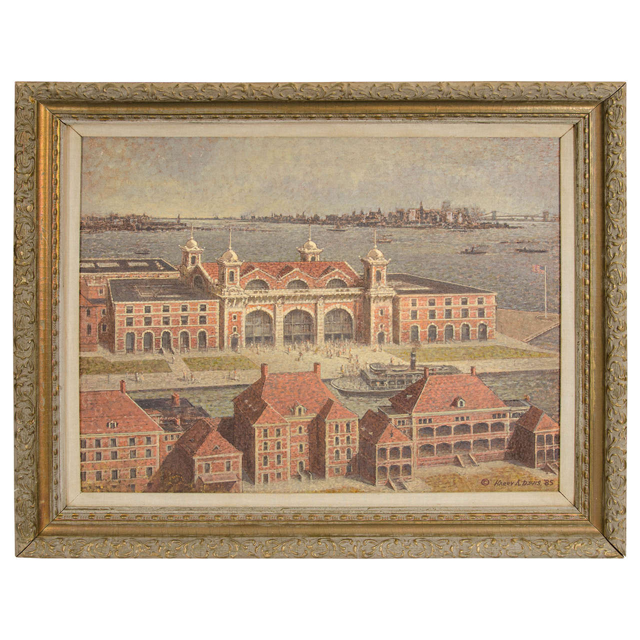 Vintage Painting of Ellis Island by Artist Harry K. Davis