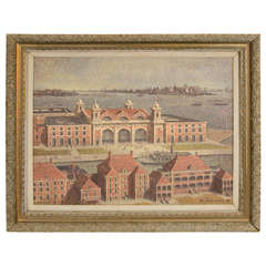 Vintage Painting of Ellis Island by Artist Harry K. Davis