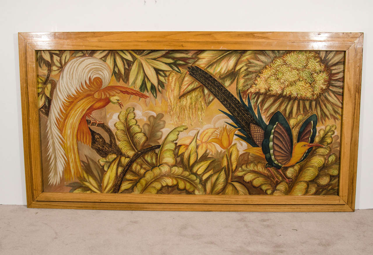 A French, circa 1940 Art Deco colorful oil painting on wooden panel "Tropical Birds." Illegibly signed. Good vintage condition with age appropriate wear. Some scuffs to frame. Tiny dots of paint loss.