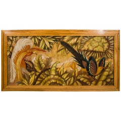 French Art Deco Signed Painting on Panel "Tropical Birds"