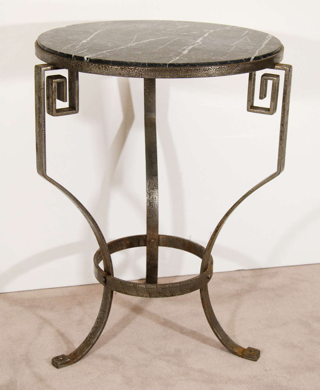  Spectacular Pair of black marble with white veining and Wrought Iron Frames   with Gorgeous Greek Key accents. Fantastic Side Tables in a High End Living Room.Very High End and Substantially Constructed.