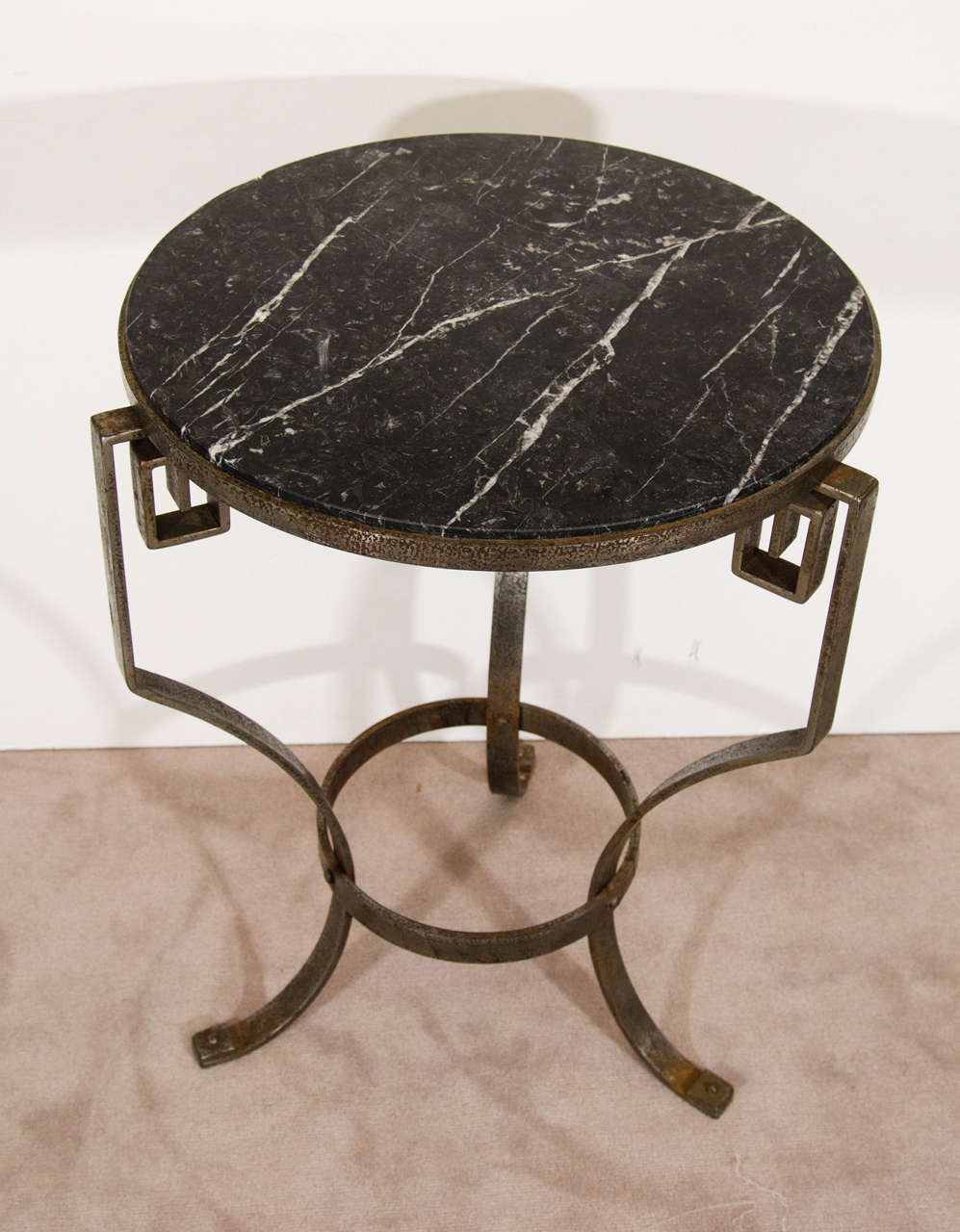 20th Century  Incredible Art Deco Pair of Black Marble & Iron Greek Key Accent Tables For Sale