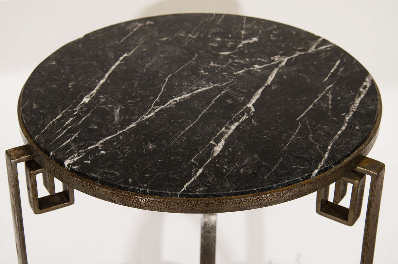  Incredible Art Deco Pair of Black Marble & Iron Greek Key Accent Tables For Sale 1