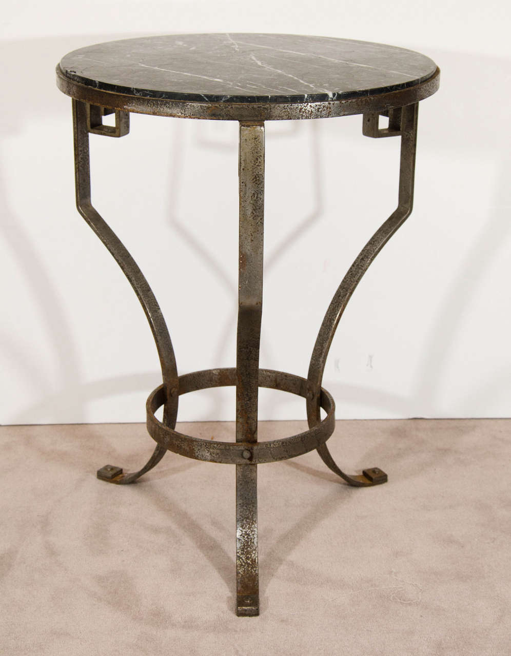  Incredible Art Deco Pair of Black Marble & Iron Greek Key Accent Tables For Sale 2