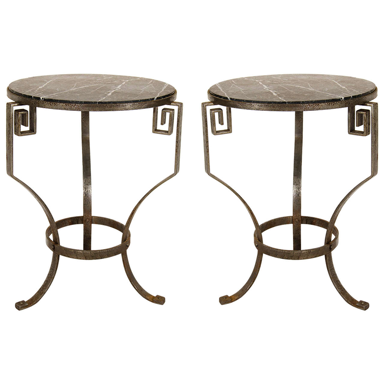  Incredible Art Deco Pair of Black Marble & Iron Greek Key Accent Tables For Sale