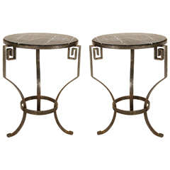  Incredible Art Deco Pair of Black Marble & Iron Greek Key Accent Tables