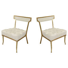 Hollywood Regency Pair of White Leather and Brass Chairs by Billy Haines