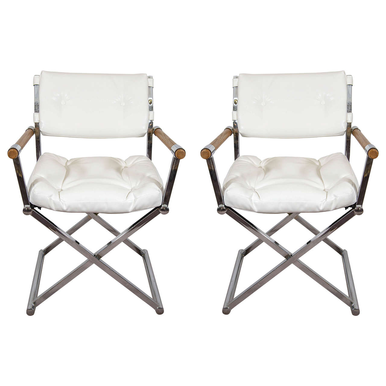 A Midcentury Pair of White Leather Director's Chairs Attributed to Milo Baughman