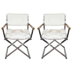 A Midcentury Pair of White Leather Director's Chairs Attributed to Milo Baughman