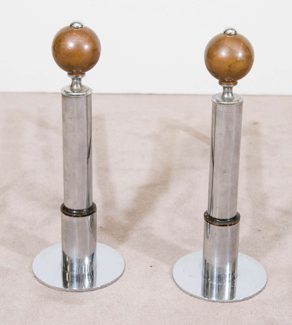 20th Century Art Deco Pair of Chrome Andirons with Cylindrical Body and Copper Ball Finial