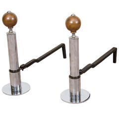 Art Deco Pair of Chrome Andirons with Cylindrical Body and Copper Ball Finial