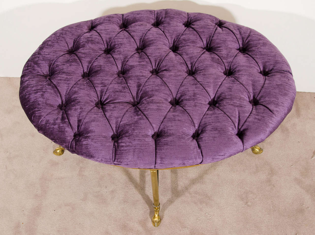 American Midcentury La Barge Oval Bench with Brass Hoof Feet and Purple Upholstery