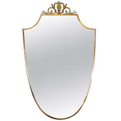 Midcentury Italian Brass Wall Mirror in the Shape of a Shield