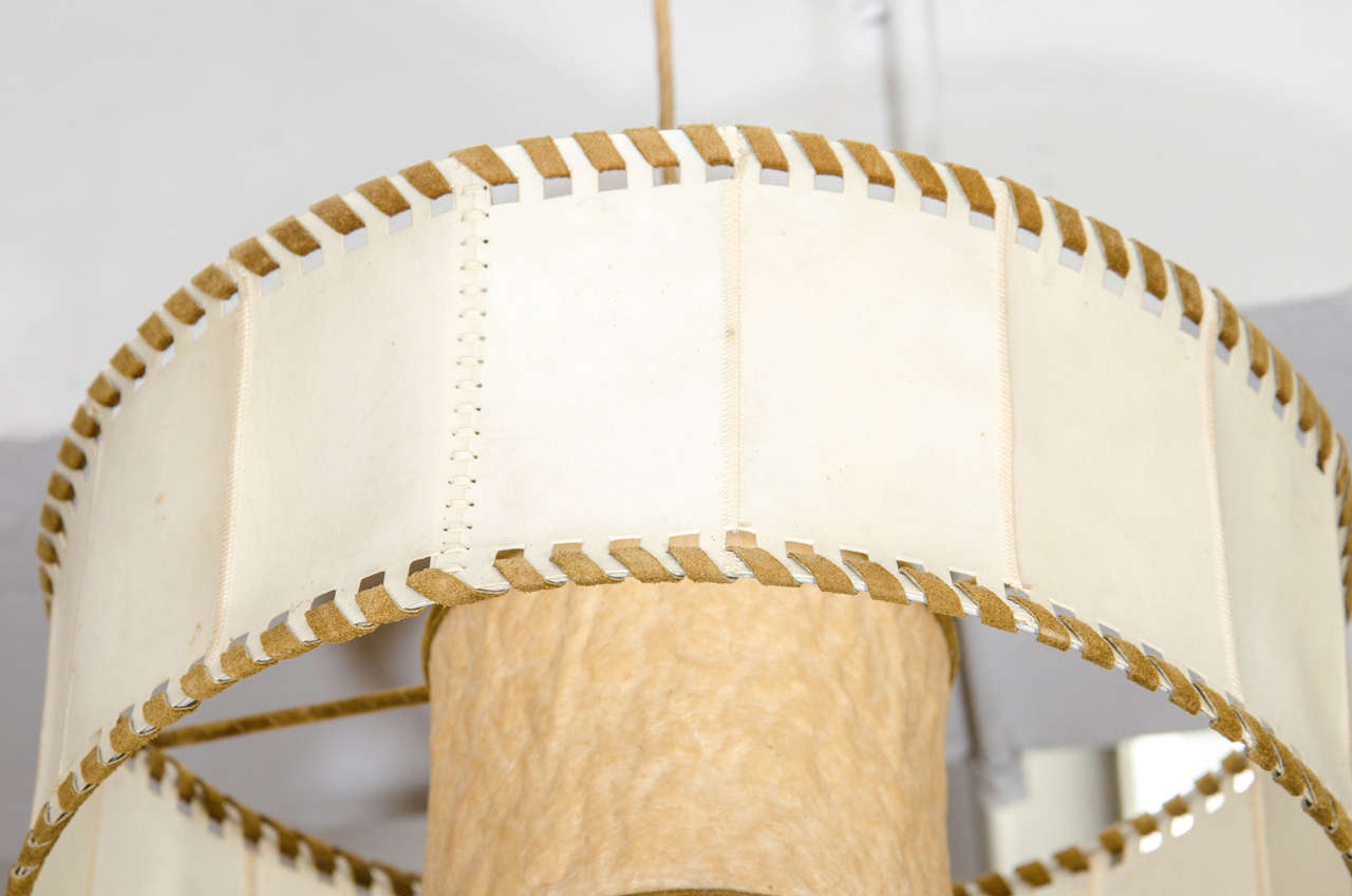 Midcentury Suede and Parchment Chandelier with Pulley 1