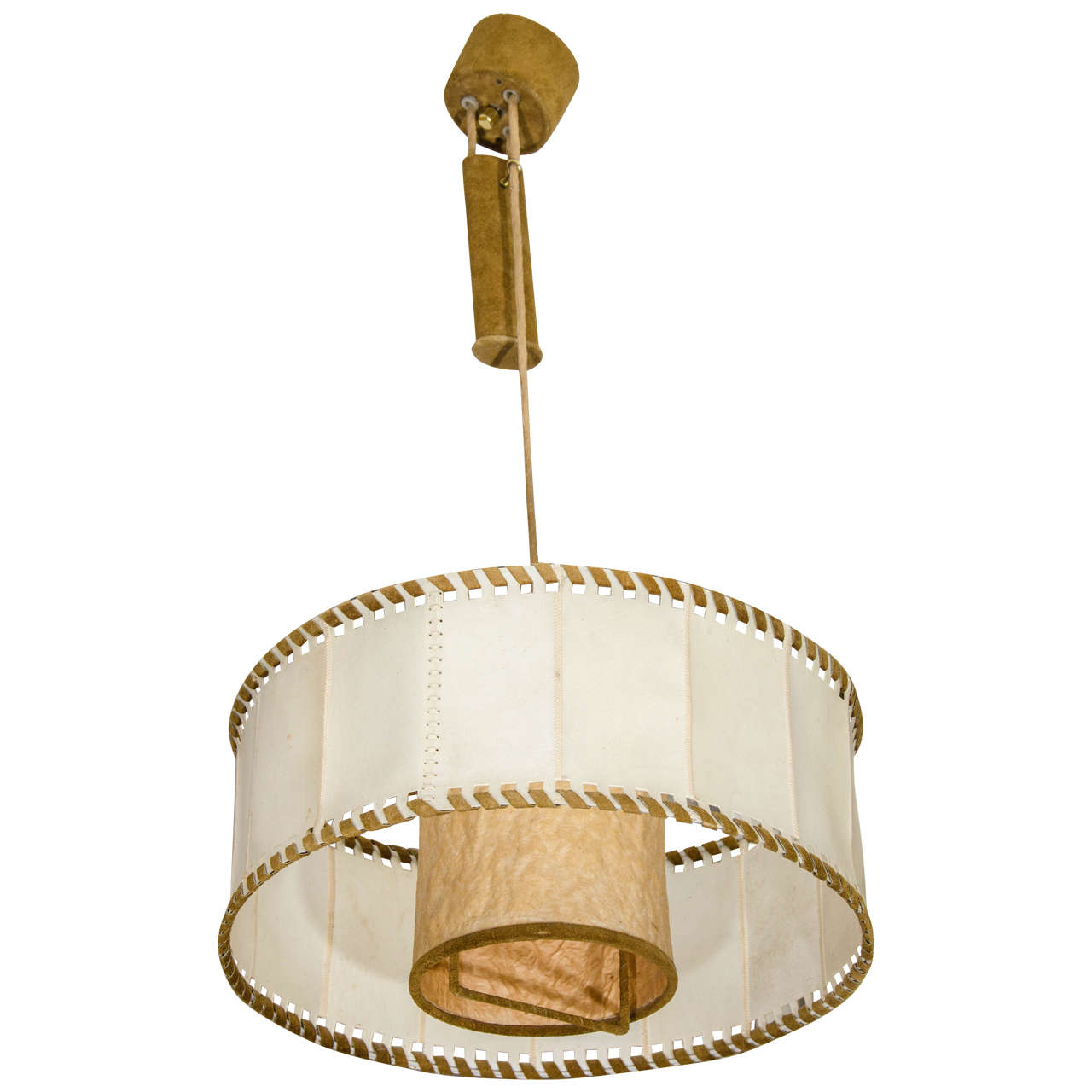 Midcentury Suede and Parchment Chandelier with Pulley