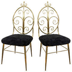 Midcentury Pair of Italian Brass Side Chairs with Oval Back and Scroll Detail Midcentury Pair of Italian Brass Side Chairs with Oval Back and Scroll Detail