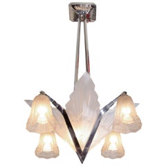 Art Deco French Nickel and Frosted Glass Chandelier by David Gueron for Degue