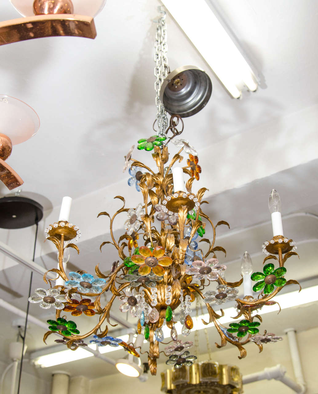 Midcentury Italian Chandelier with Multicolored Crystal Flower Clusters