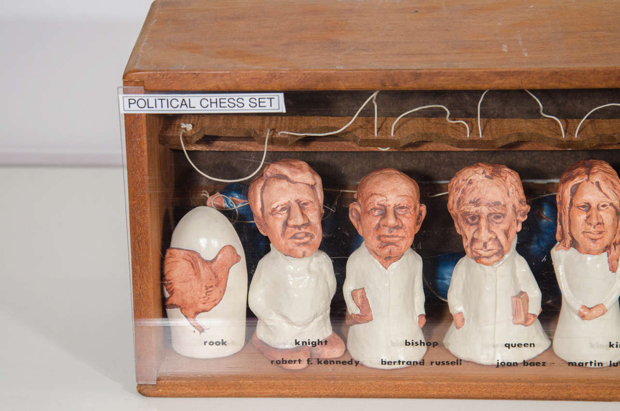 Clay Midcentury Politically Themed Chess Pieces by Artist Myrna Goldberg