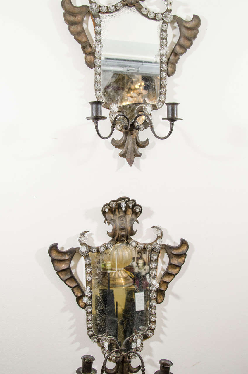 Antique Pair of Venetian Mirrored Wall Sconces in Hand-Wrought Iron For Sale at 1stdibs