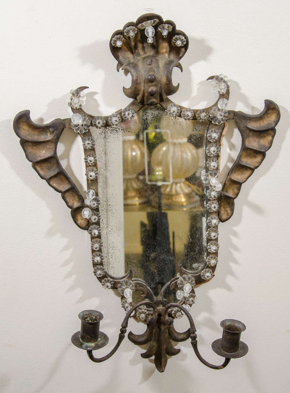 Antique Pair of Venetian Mirrored Wall Sconces in Hand-Wrought Iron For Sale at 1stdibs