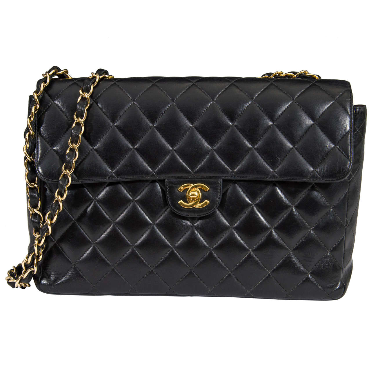 Authentic Chanel Black Classic Lambskin Maxi Handbag with Gold Tone Hardware at 1stdibs