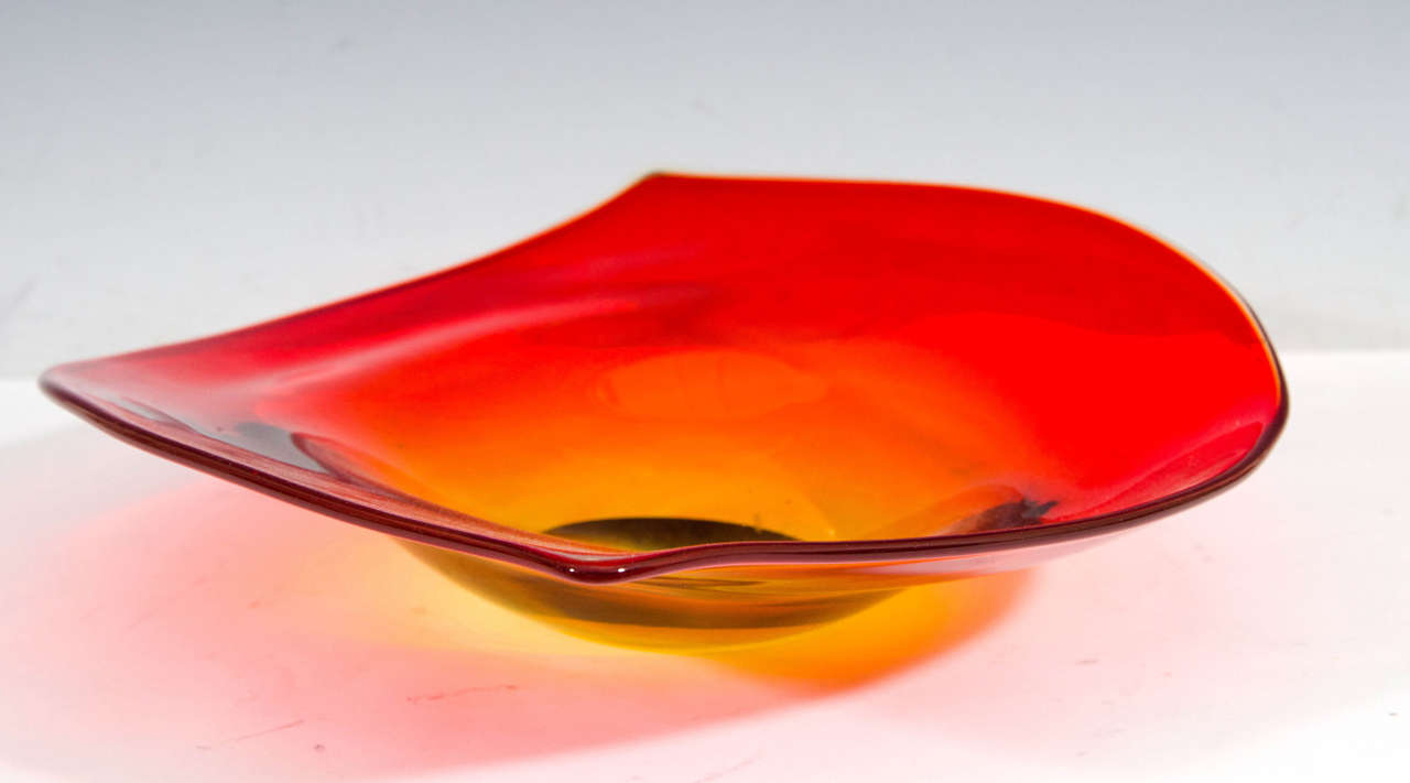 A Midcentury Murano Sommerso Art Glass Bowl in Bright Orange and Yellow