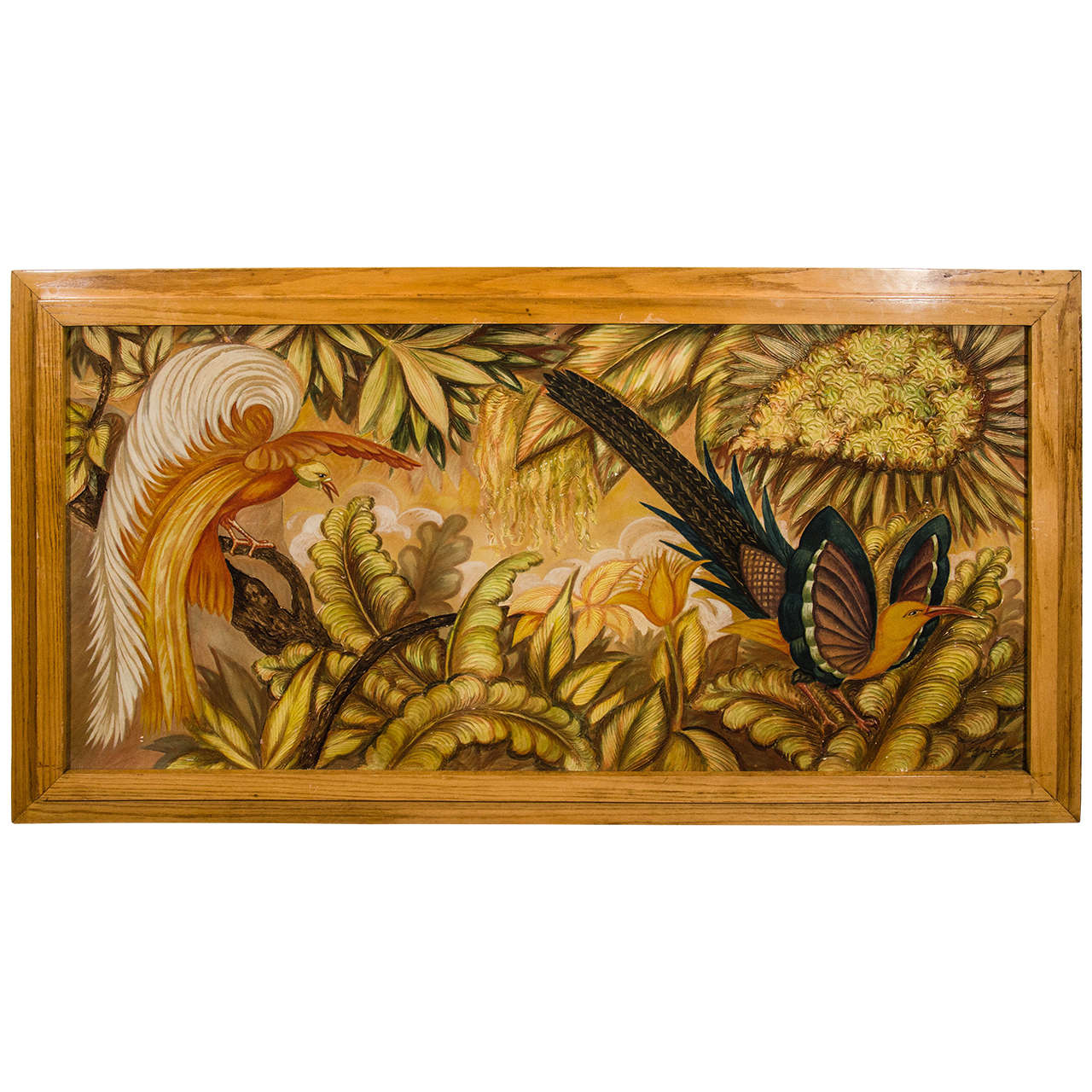French Art Deco Signed Painting on Panel "Tropical Birds" For Sale at