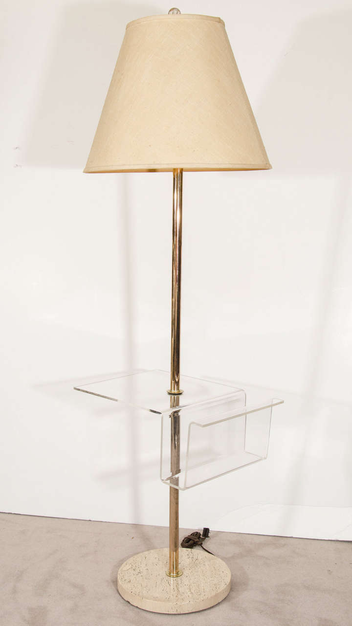 Midcentury Italian Brass Floor Lamp with Lucite Magazine Rack or Table
