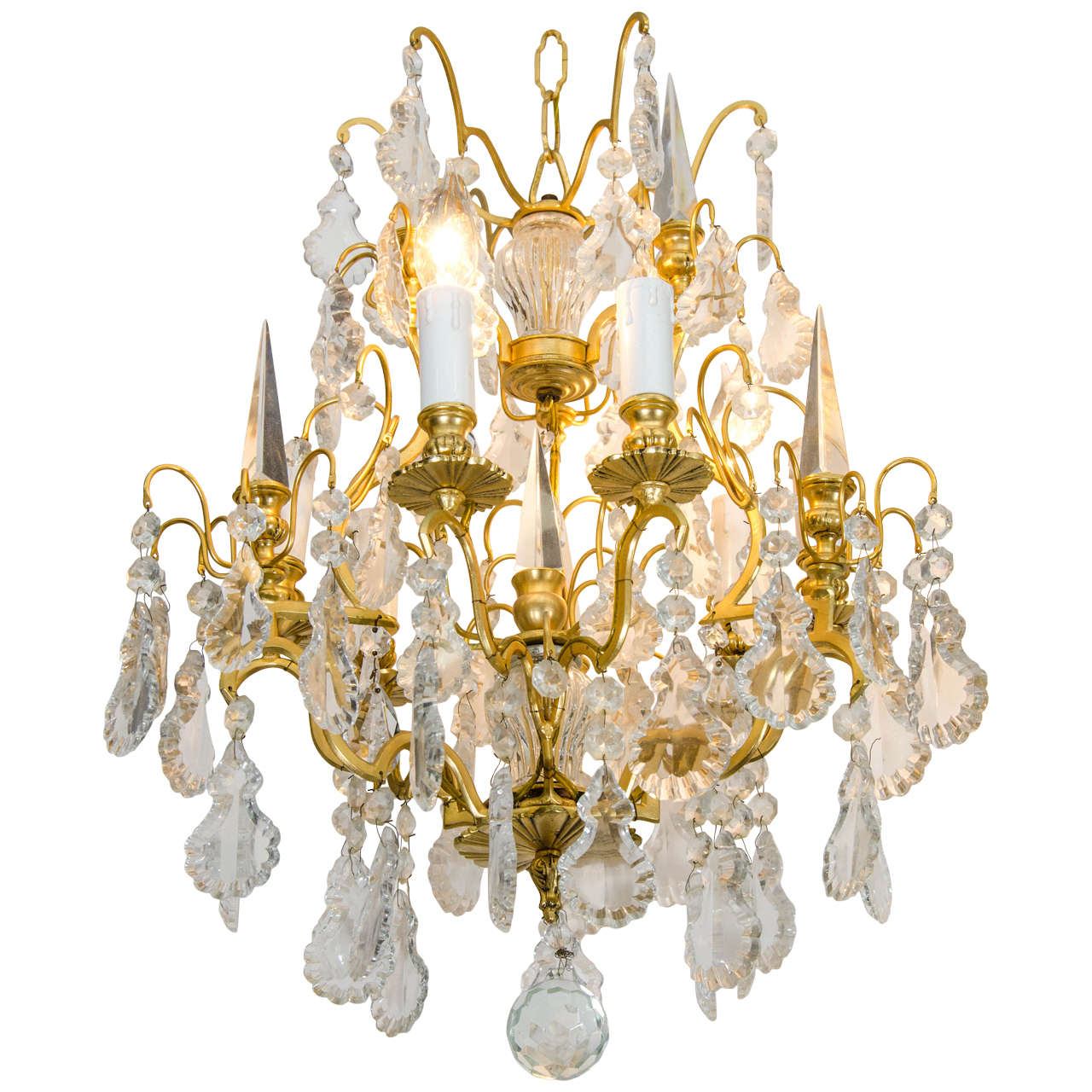 Gilded Bronze Rock Crystal Chandelier with Crystal Spikes For Sale at