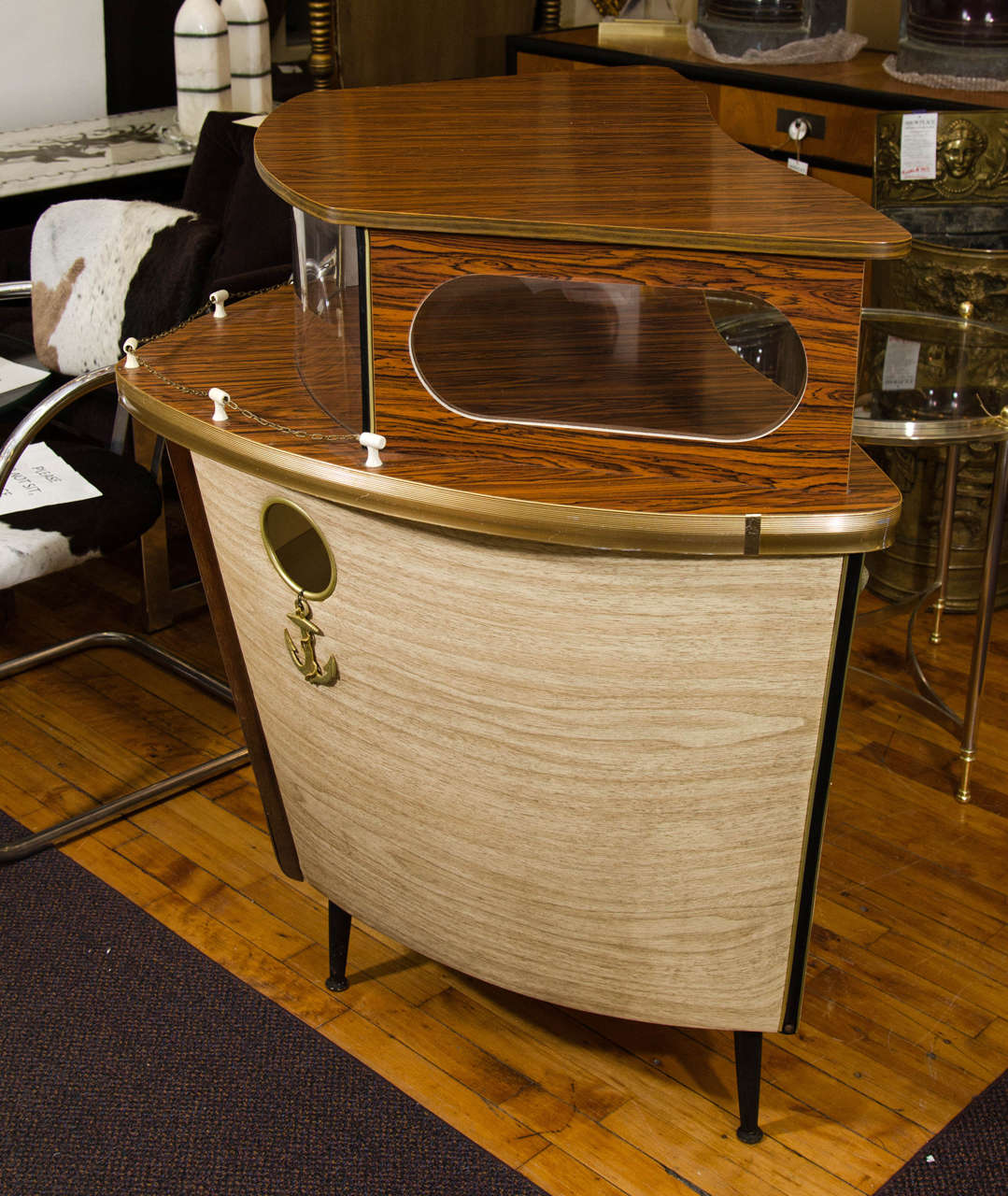 Midcentury Ship Form Nautical Themed Illuminated Bar, circa 1950s at