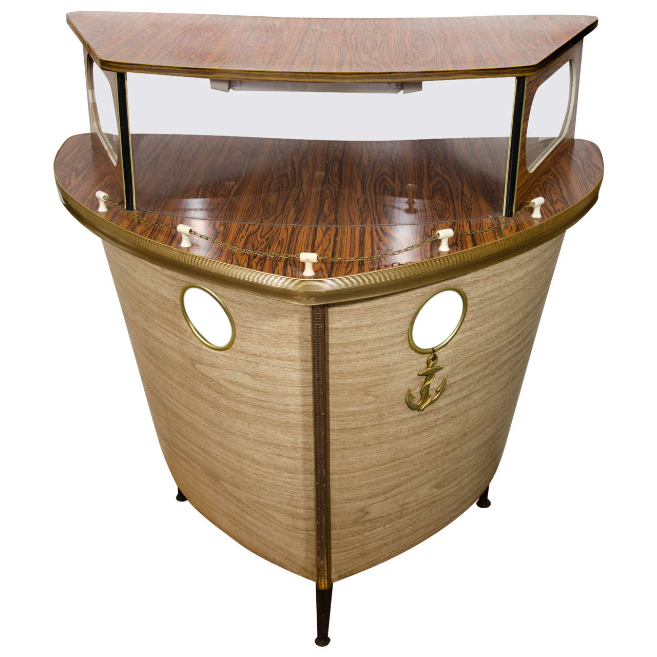 Midcentury Ship Form Nautical Themed Illuminated Bar, circa 1950s at