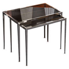 Exquisite Modern Chromed Nesting Tables with Smoked Glass