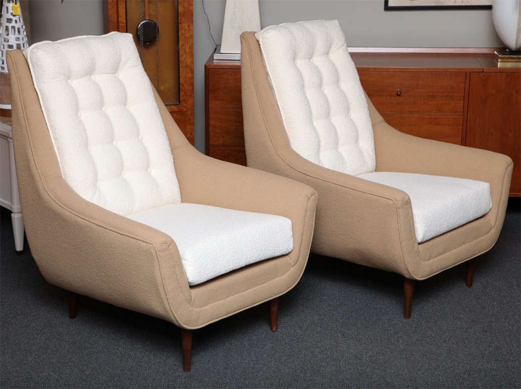 Mid-20th Century Grand PAIR of 50's High Back Lounge Chairs with Ottoman
