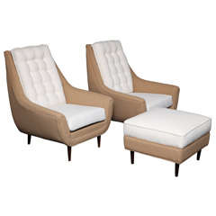 Vintage Grand PAIR of 50's High Back Lounge Chairs with Ottoman