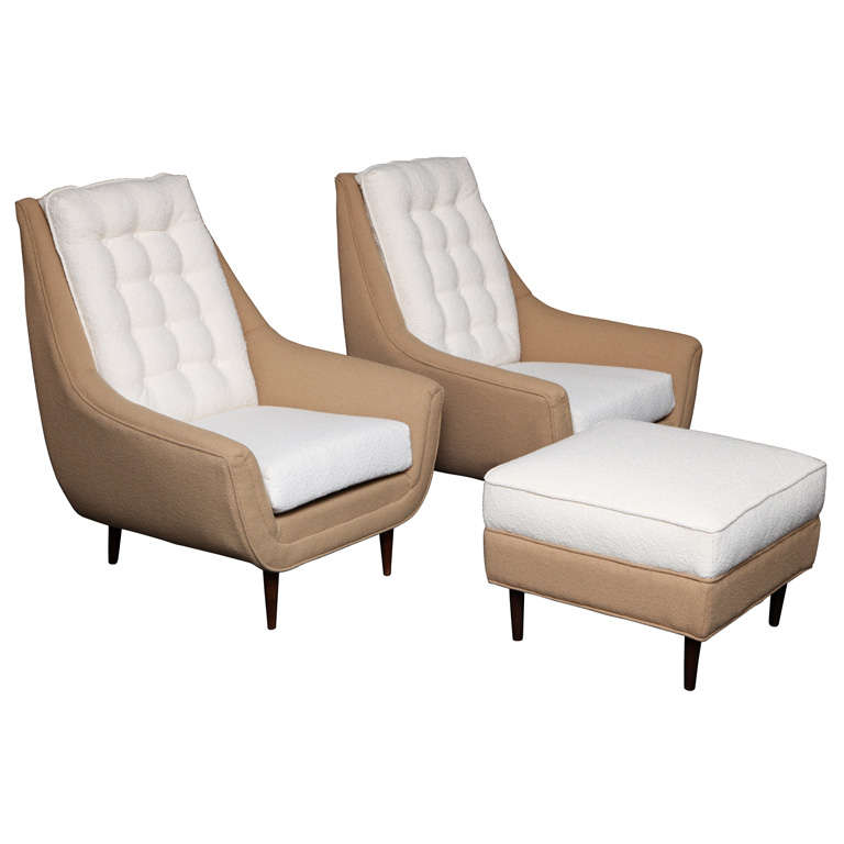 Grand PAIR of 50's High Back Lounge Chairs with Ottoman