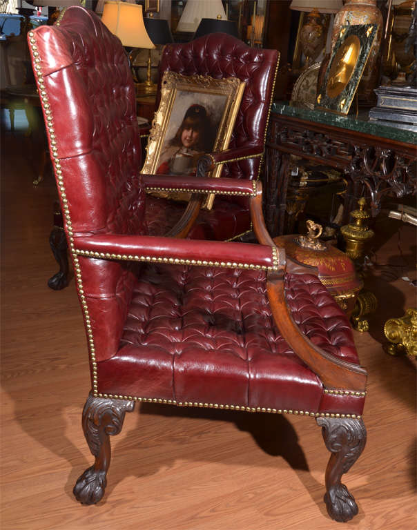 Wood 19thc pair of English leather Gainsborough chairs