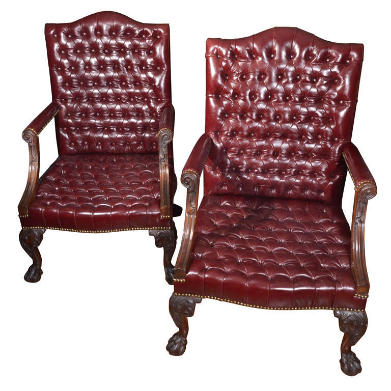 19thc pair of English leather Gainsborough chairs