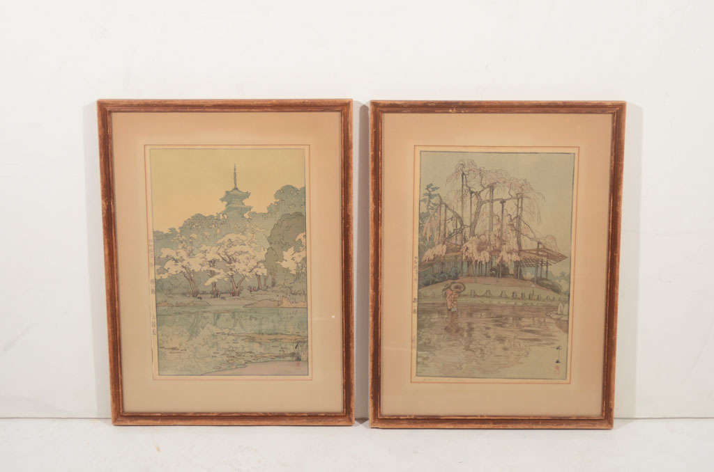 Two woodblock prints by renowned artist Hiroshi Yoshida. Each is dated 1935, bears the Jizuri seal and was originally framed by the Old Print Shop in NYC. Titles are 
