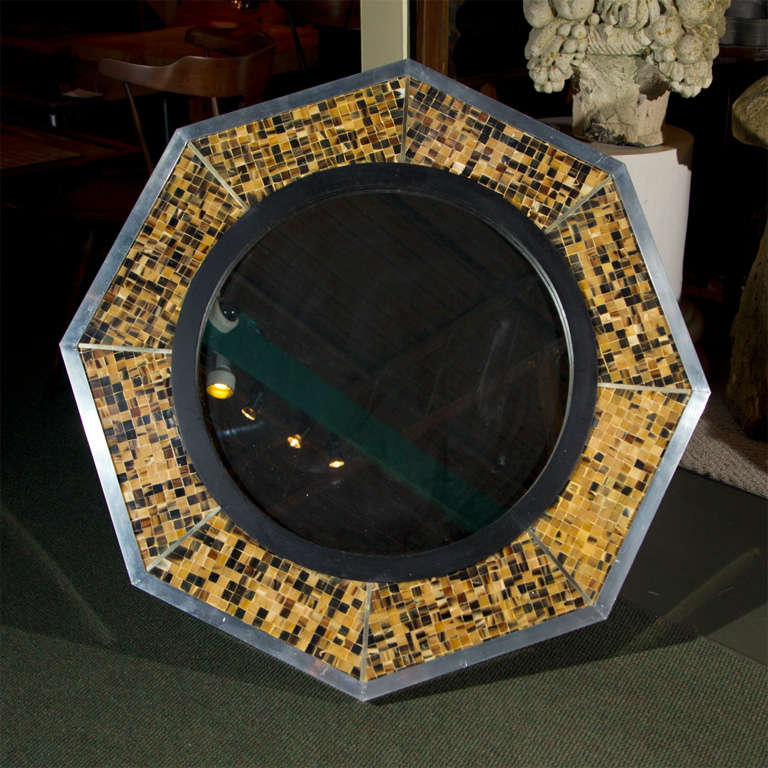 Great pair of Octagonal form mirrors by Anthony Redmile with chrome frames inset with bone & tortoise shell inlay.